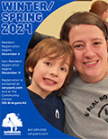 Winter/Spring 2024 Brochure Cover with a woman and young boy smiling and enjoying Mom and Son Night.